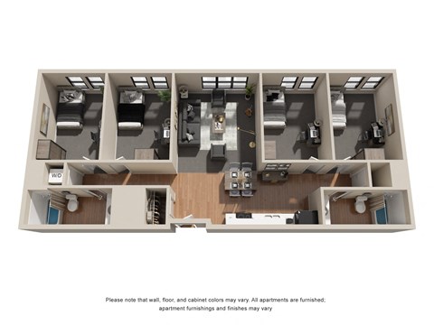 Floor plan for 4 beds, 2 baths, 1100 sqft